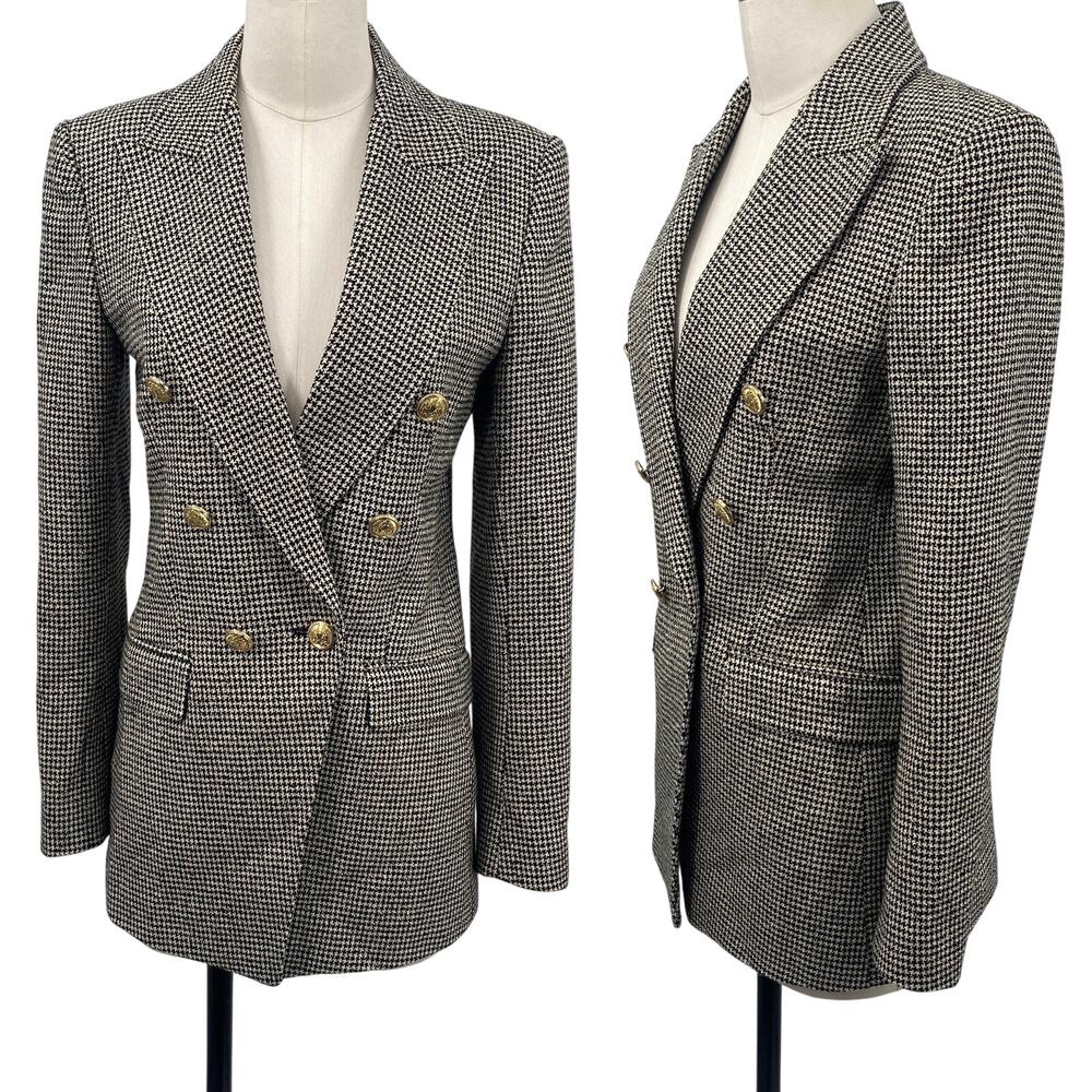 Zara Houndstooth Blazer Double Breasted Button Down Tailored Black White Gold XS